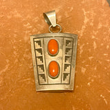 Everett and Mary Teller, Navajo Sterling Silver Overlay Reversible Pendant with Coral Stones  (JF141)