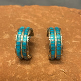 Genuine Zuni double row Channel Inlay Sterling Silver and Turquoise Hoop Earrings (JF238)