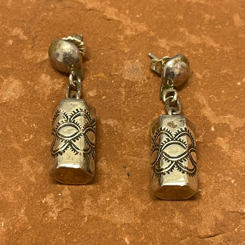 Sterling Silver Stamped Bead Dangle Earrings, Navajo, Genuine Native American Jewelry   (JF248)