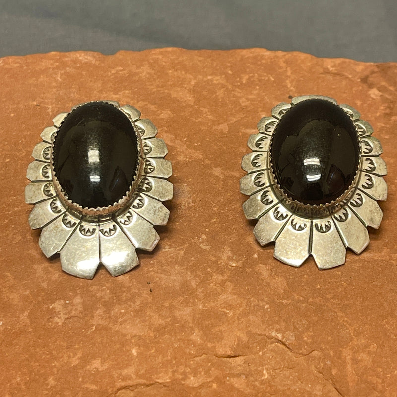 Abraham Begay, Navajo Large Onyx post Earrings in Stamped Sterling Silver (JF249)