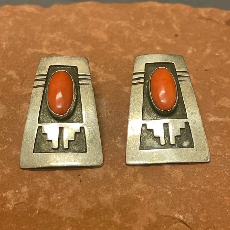 Everett and Mary Teller, Navajo Overlay Post Earrings with Coral, vintage   (JF256)