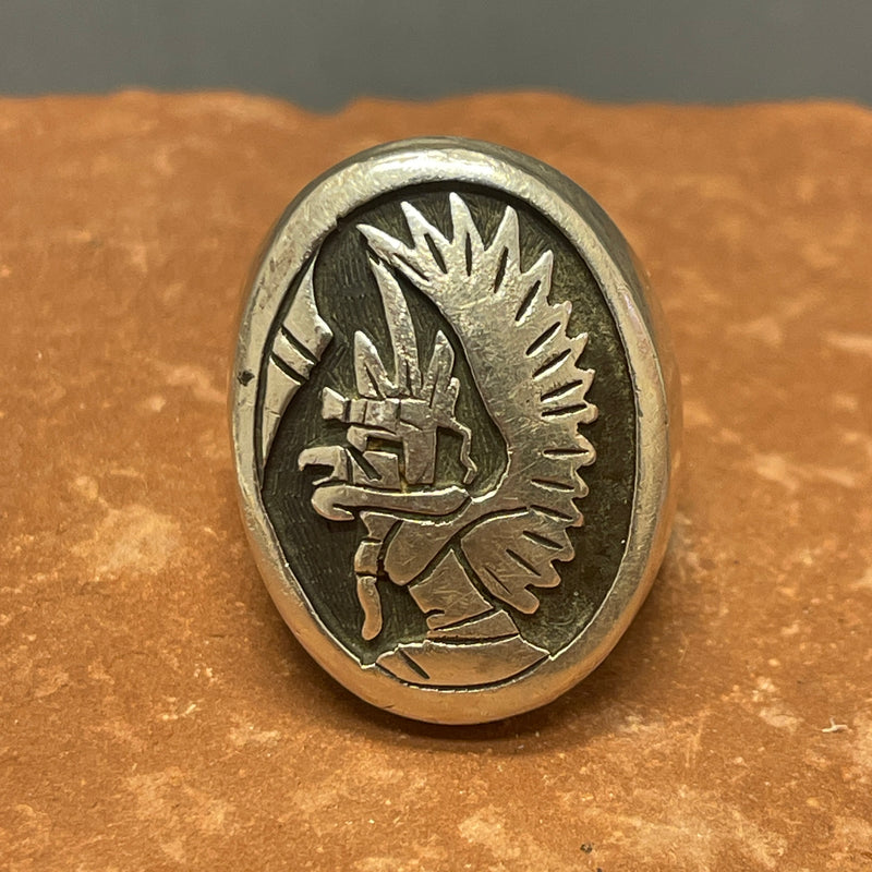 Joe Josytewa, Genuine Hopi Overlay Ring with Eagle Kachina Design, vintage-size 10.5    (JF284)