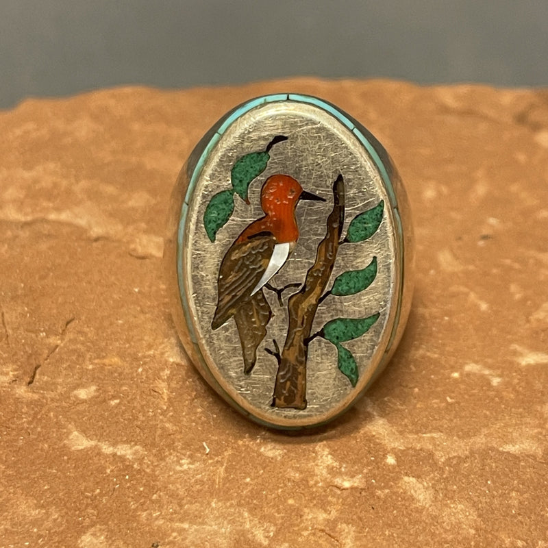 Zuni Sterling Silver Ring with Multi-Stone Inlay Roadrunner Design, vintage- size 11   (JF285)