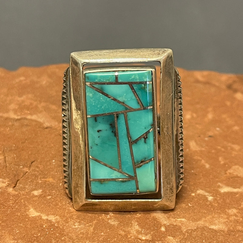 Genuine Navajo Channel Inlay Spinner Ring with Turquoise, vintage - size 9 - Rare & unique   (JF28)