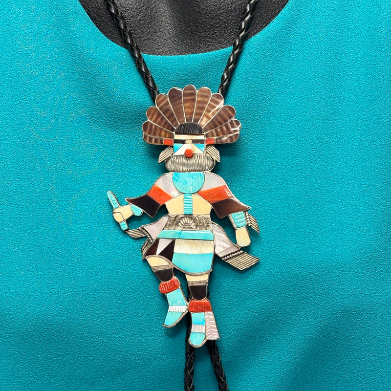 Eddie Beyuka Zuni Inlay Kachina Bolo Tie with Silver Drum Tips and Silver Display Stand, vintage Native American   (JF290)