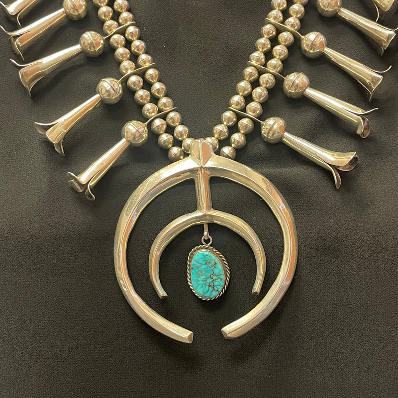 Genuine Vintage Navajo Squash Blossom Necklace with Tufa Cast Naja and Turquoise Stone   (JF2)
