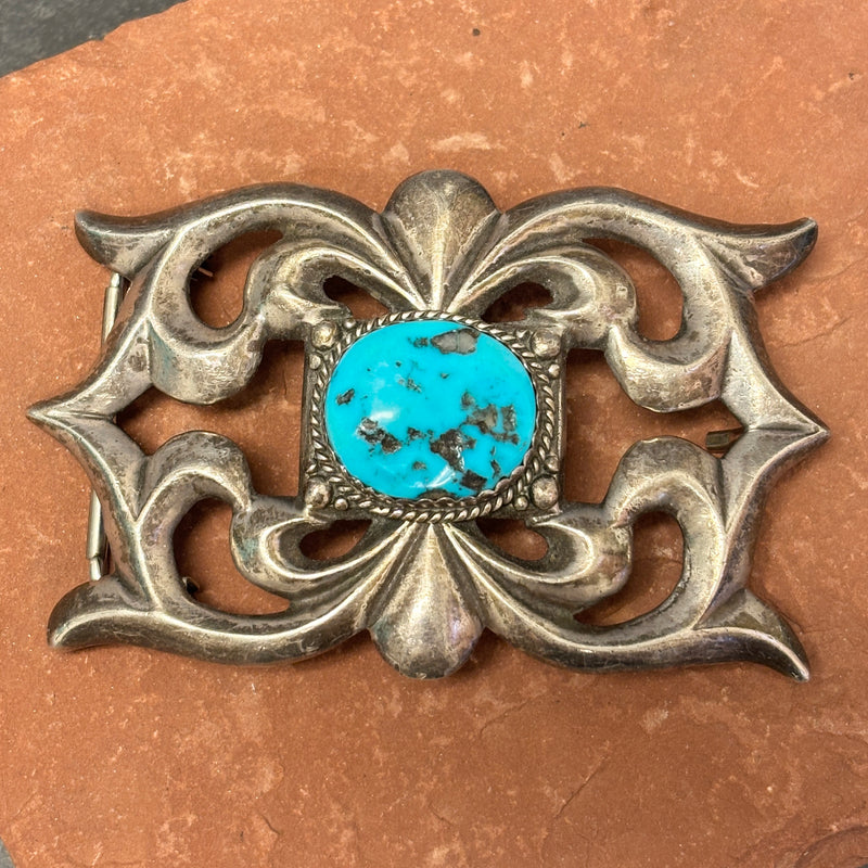 Navajo Sand Cast Silver Belt Buckle with Turquoise Stone  (JF43)