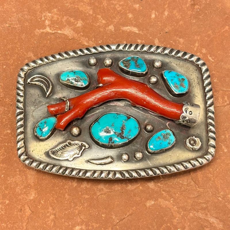 Navajo Sterling Silver Belt Buckle with Genuine Turquoise and Branch Coral  (JF44)