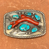 Navajo Sterling Silver Belt Buckle with Genuine Turquoise and Branch Coral  (JF44)