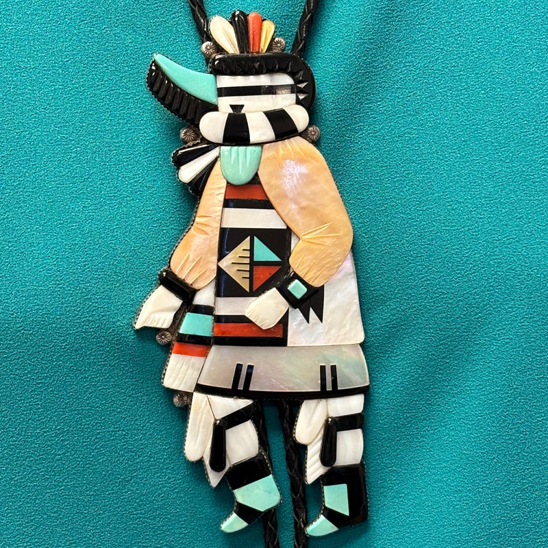 Andrew Dewa, Zuni Multi-Layer Inlay Dancer Bolo Tie with Carved Turquoise, Coral, Jet and Mother of Pearl, vintage Native American   (JF51)