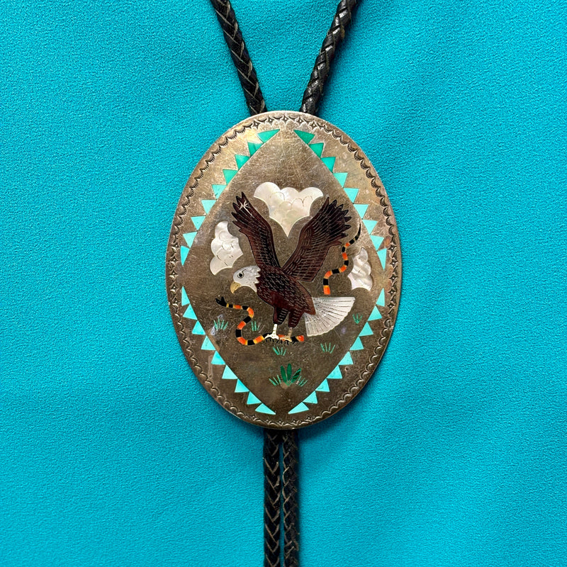 Zuni Inlay Bolo Tie with Bald Eagle Design, vintage Native American   (JF53)