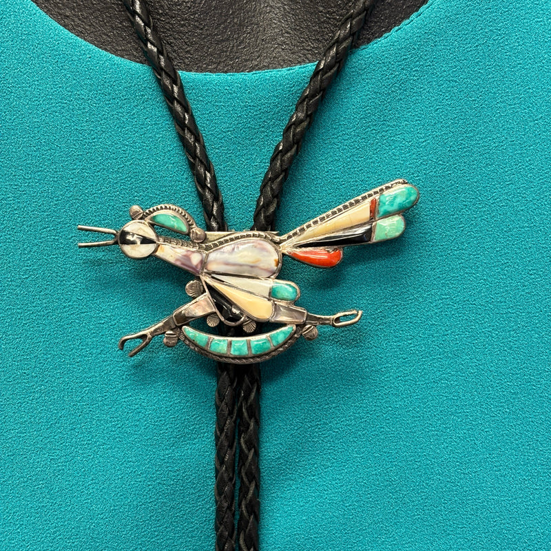 Zuni Inlay Roadrunner Design Bolo Tie with Matching Fancy Tips, vintage Native American   (JF55)