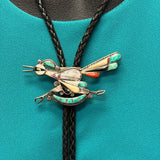 Zuni Inlay Roadrunner Design Bolo Tie with Matching Fancy Tips, vintage Native American   (JF55)