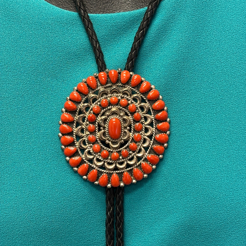 Vintage Zuni Coral Cluster Bolo Tie with Fancy Tips signed PW (JF57)