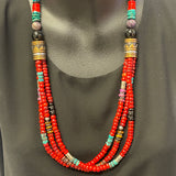 Tommy Singer, Navajo Three-Strand Necklace with Red Coral, Turquoise, Onyx and other Natural Stones, vintage  (JF5)