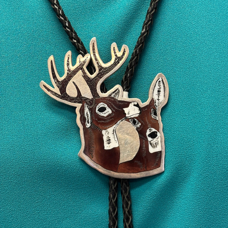 Dale Edaakie, Shell Zuni Inlay Bolo Tie w/ Buck and Doe Design, vintage Native American (JF72)