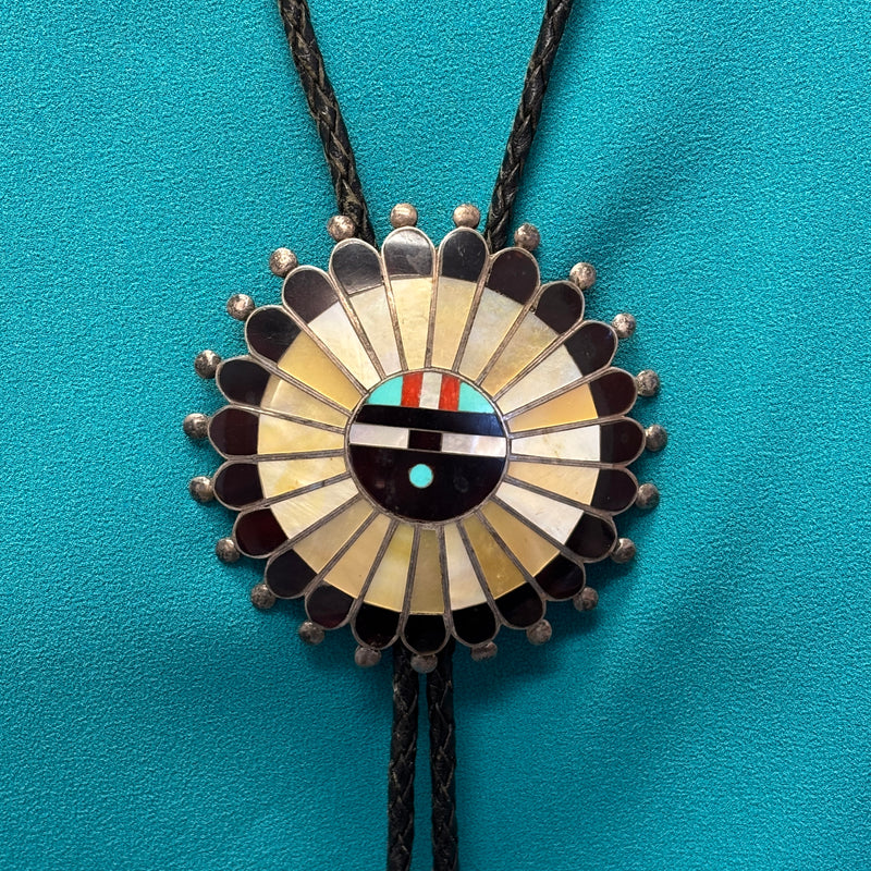 Zuni Inlay Sunface Bolo Tie with Matching Fancy Tips