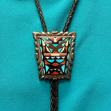 Wayne and Virginia Quam Vintage Zuni Inlay Bolo Tie with Geometric Design, authentic Native American   (JF77)