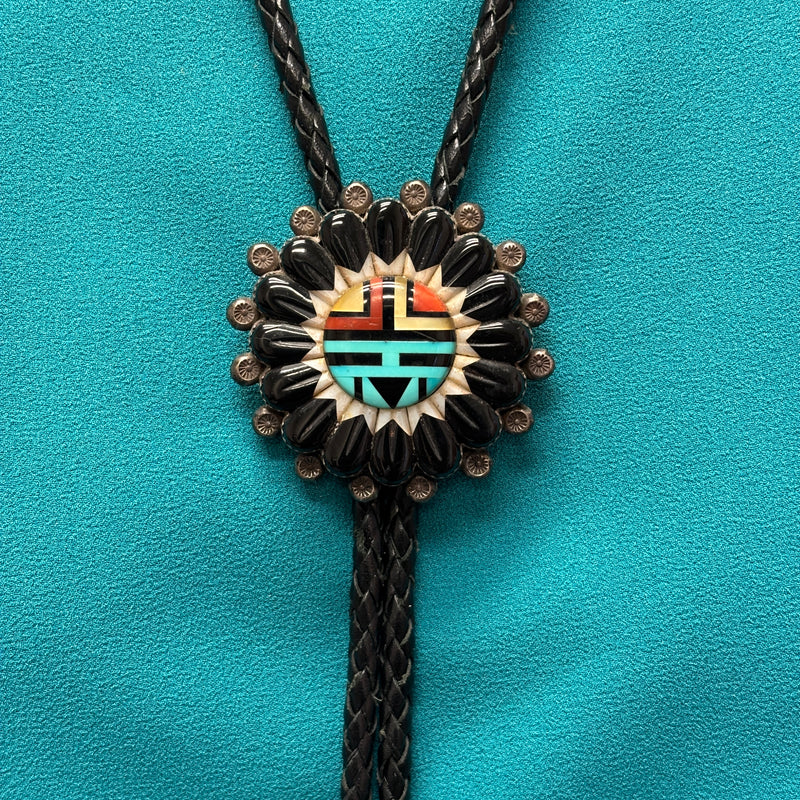 Andrew Dewa Zuni Inlay Sunface Bolo Tie with Carved Jet and Mother of Pearl Eagle Feather Design