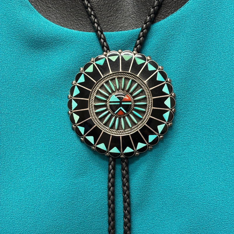 Benjamin and Shirley Tzuni, Zuni Inlay Sunface Bolo Tie with Needlepoint Design, vintage Native American