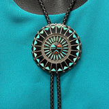 Benjamin and Shirley Tzuni, Zuni Inlay Sunface Bolo Tie with Needlepoint Design, vintage Native American