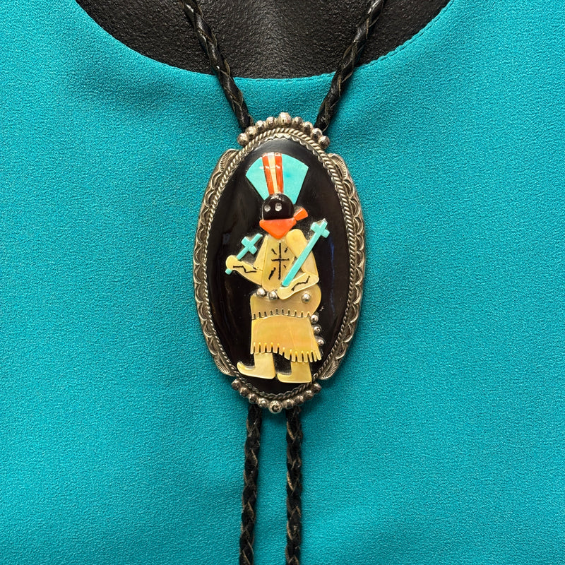 Beverly Etsate Zuni Inlay Apache Dancer Bolo Tie with Matching Inlaid Tips, vintage Native American   (JF81)