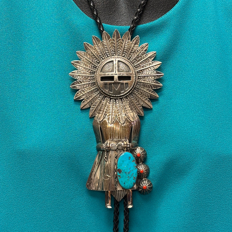 Sculptural Navajo Sun Kachina Design Bolo Tie with Turquoise and Coral Stones, vintage Native American   (JF85)