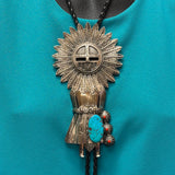 Sculptural Navajo Sun Kachina Design Bolo Tie with Turquoise and Coral Stones, vintage Native American   (JF85)