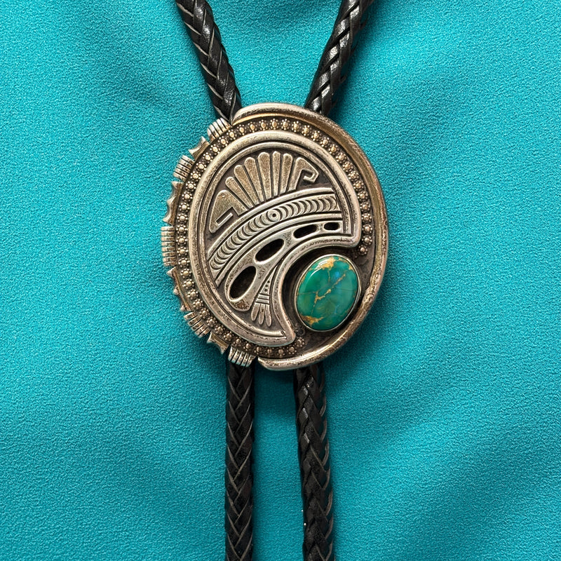 Norman Woody Vintage Navajo Sterling Silver Shadowbox Bolo Tie with Green Turquoise, authentic Native American   (JF87)