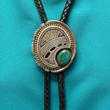 Norman Woody Vintage Navajo Sterling Silver Shadowbox Bolo Tie with Green Turquoise, authentic Native American   (JF87)