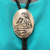 Sterling Silver Hopi Overlay Bolo Tie with Longhair Kachina Design, vintage Native American   (JF89)