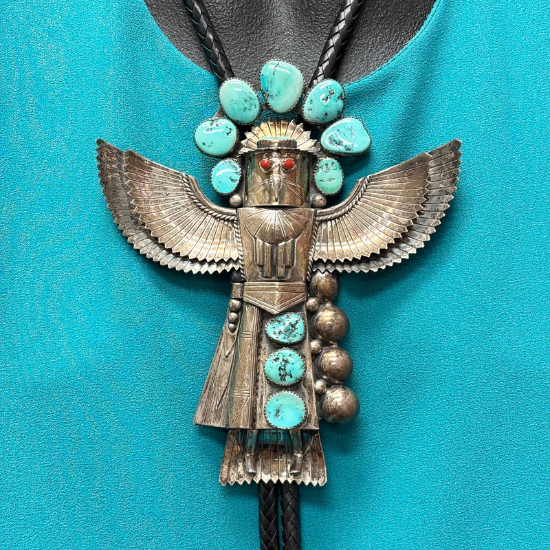 3D Navajo Eagle Kachina design bolo tie with 10 turquoise stones - Handmade and signed Basil