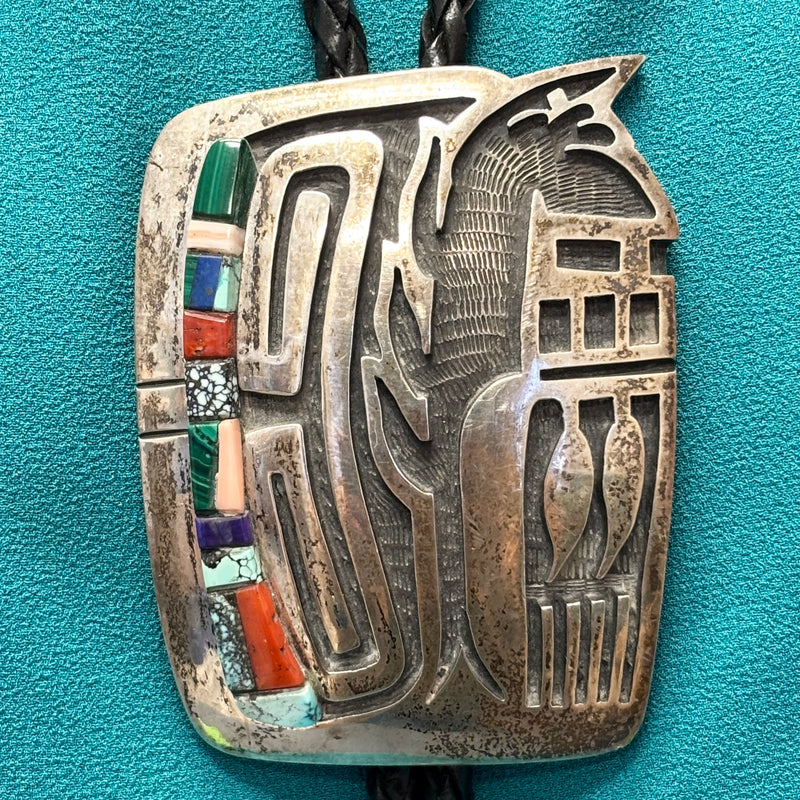 Phil Sekaquaptewa Sterling Silver Hopi Overlay Bolo Tie with Multi-stone Inlay and Longhair Kachina Design, vintage Native American   (JF96)