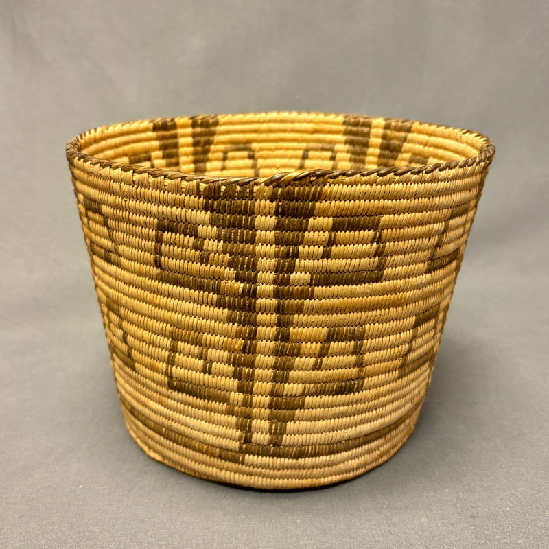 Vintage Tohono O'odham (Papago) Tall Round Coiled Basket with Plant Design, authentic Native American  (JFB15)