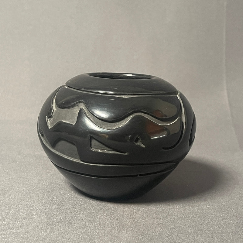 Stella Chavarria  Vintage Santa Clara Pueblo, Handmade Blackware Pot with Carved Avanyu Design (JM11)