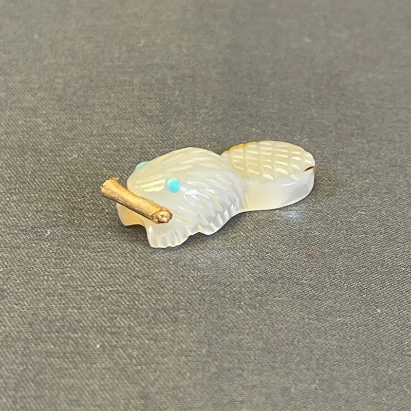 Zuni White Alabaster Beaver Fetish with Stick   (JM133)