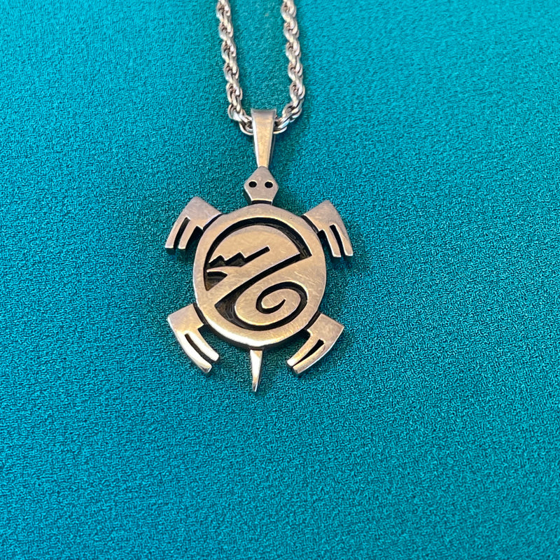 Ramon Dalangyawma Sterling Silver Hopi Overlay Turtle Pendant on Silver Rope Chain  (JM172)