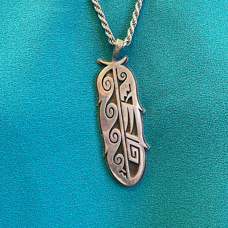 Ramon Dalangyawma Silver Hopi Overlay Feather Pendant on Silver Rope Chain   (JM177)
