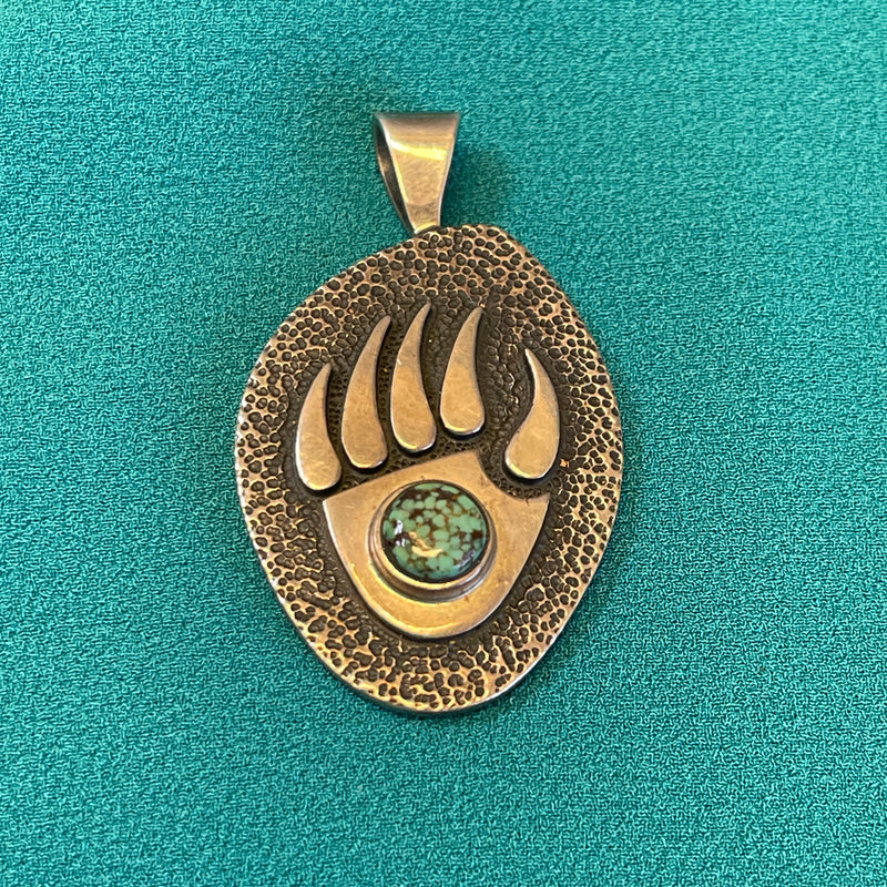 Ramon Dalangyawma Hopi Sterling Silver Overlay Bear Paw Pendant with Turquoise (JM189)