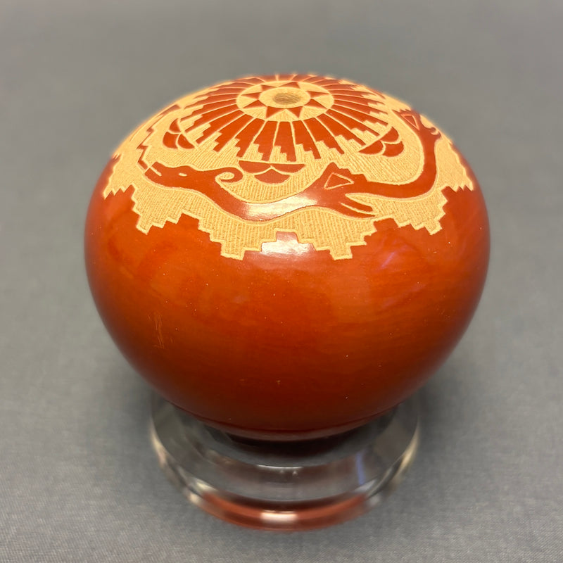 Debra Duwyenie, Santa Clara Pueblo Polished Seed Pot with Etched Avanyu Design (JM63)