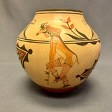 Elizabeth & Marcellus Medina, Zia Pueblo Tall Clay Pot with Apache Dancer Design (JM66)