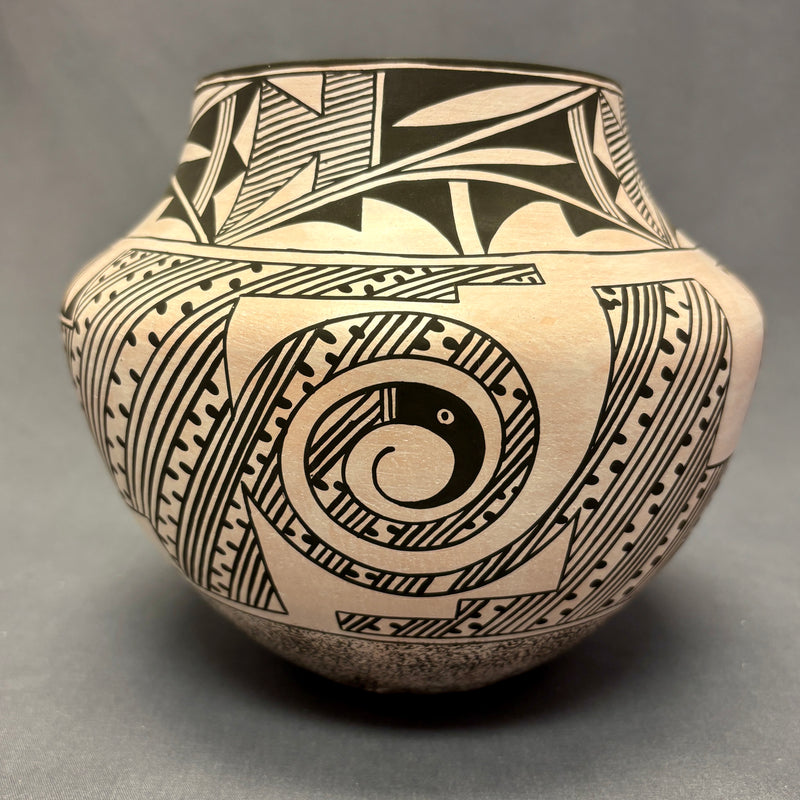 Marquis Dann-Lente, Laguna Pueblo Vintage Handmade Painted Clay Pot with Parrot and Spiral design  (JM92)