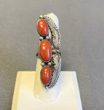 Authentic Red Coral Navajo Ring with Sterling Silver Leaf Design, vintage - size 6.5  (KD346)