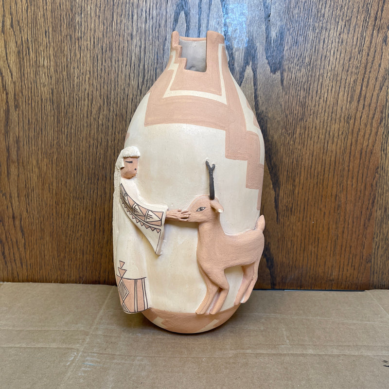 Native American Sculptural Pot "Mother Earth with Deer" by Angelina Medina, Acoma Pueblo-Zia, 1988  (NLC3)