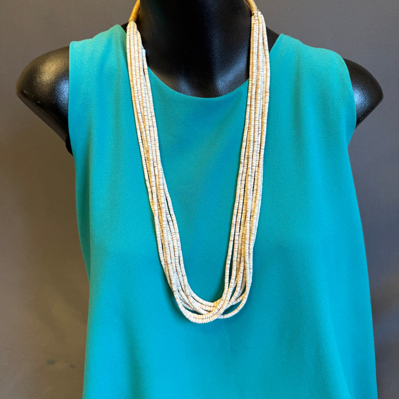 Juan Cate, Santo Domingo olive shell 8 strand heishe necklace with traditional neck wrap (NLJ18)