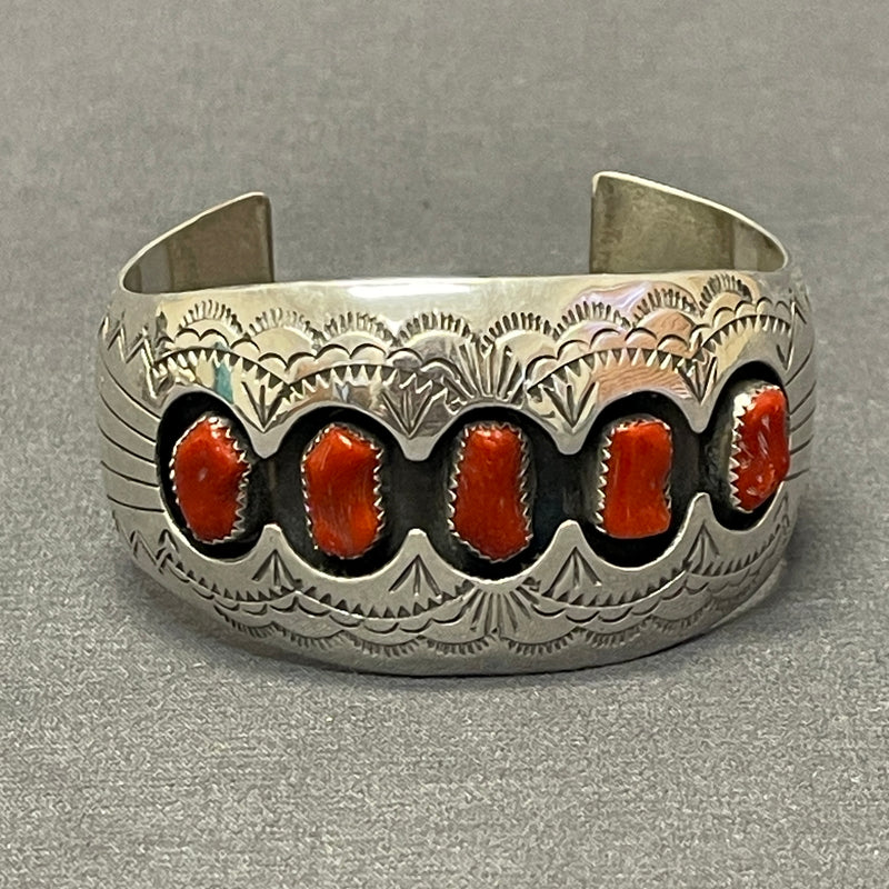 Pauline Benally, Navajo Sterling Silver Shadowbox Cuff Bracelet with 5 Coral Stones, vintage  (SP24)