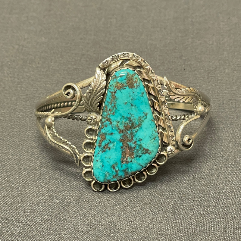 Authentic Navajo Sterling Silver and Natural Turquoise Cuff Bracelet with Leaf and Scroll Design, vintage   (SP45)