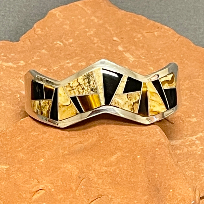 Wayne Muskett, Navajo Multi-Stone Channel Inlay Bracelet with Jet, Tiger Eye and Jasper, vintage (SS6)