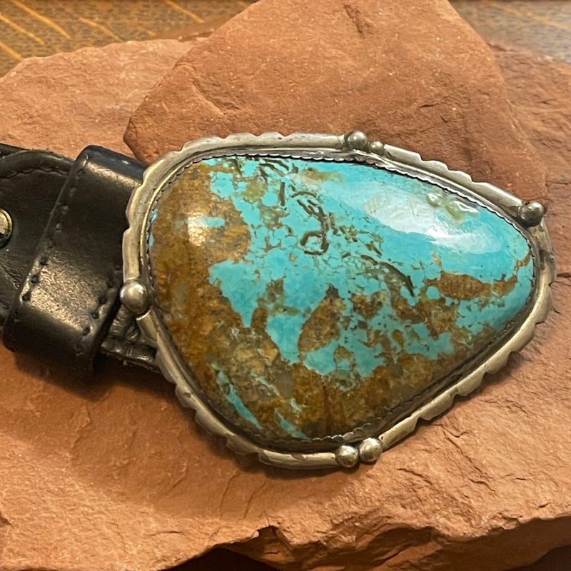 Vintage Navajo Extra Large Turquoise Belt Buckle on Black Leather Belt  (TD2)