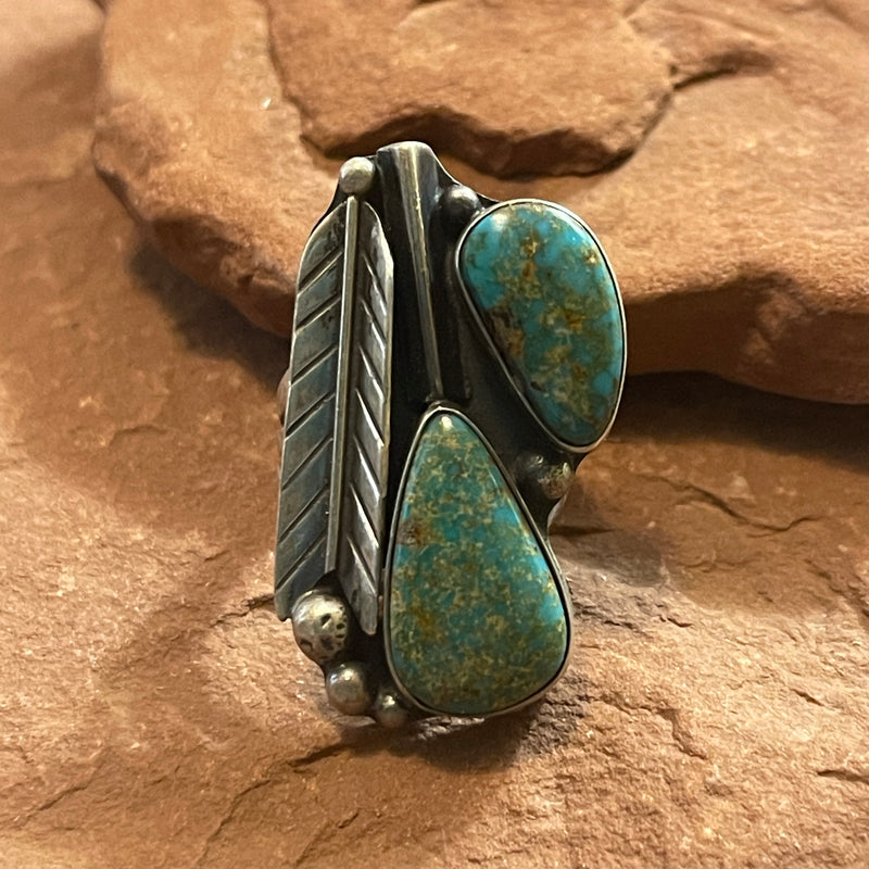 Classic Navajo Sterling Silver Ring with Genuine Green Turquoise and Feather and Droplet Design, vintage - size 5.5  (TD4)